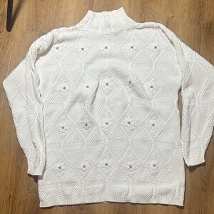 Vintage Ivory Cotton Embroidered Mockneck Sweater